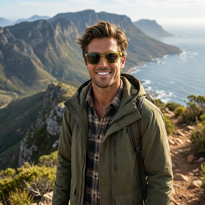 Hombre usando lentes sol Osorno RPET reciclado olive aventura outdoor montaña naturaleza proteccion UV Bonoboss #editorial_sustentabilidad #color_olive