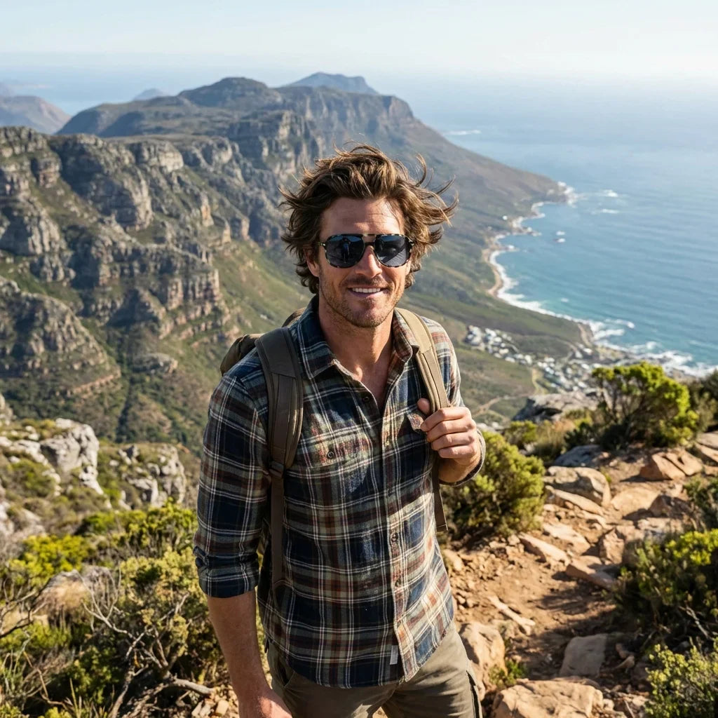 Hombre usando lentes sol Orson E.D bio-acetato polarizados verde aventura outdoor sendero naturaleza proteccion UV Bonoboss #editorial_sustentabilidad #color_verde