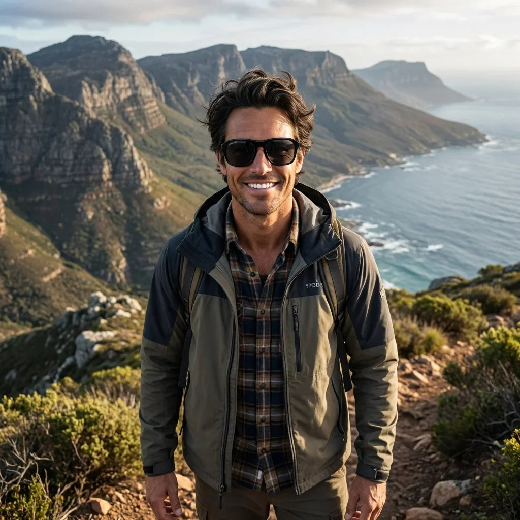 Hombre usando lentes sol Tom polarizados UV400 hombre aventura outdoor naturaleza proteccion UV Bonoboss #color_negro