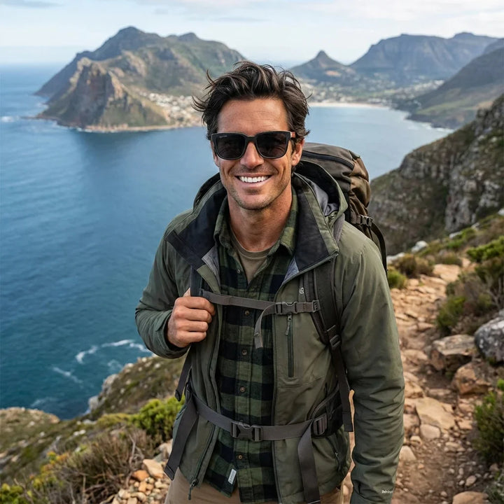 Hombre usando lentes sol Selkie polarizados UV400 hombre aventura outdoor naturaleza proteccion UV Bonoboss #color_rosal
