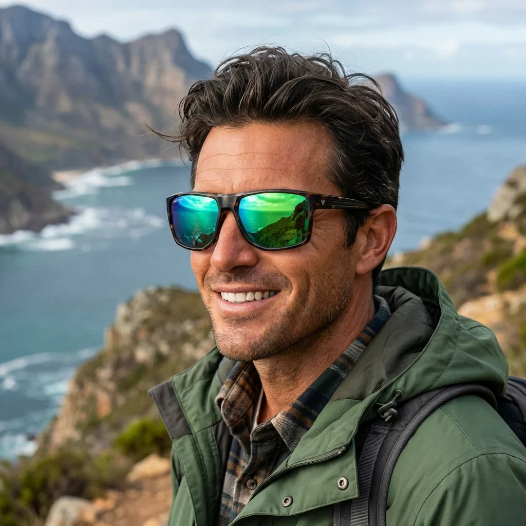 Hombre usando lentes sol Ollie bio-acetato polarizados espejado verde aventura outdoor naturaleza activa Bonoboss #editorial_sustentabilidad #color_espejado-verde