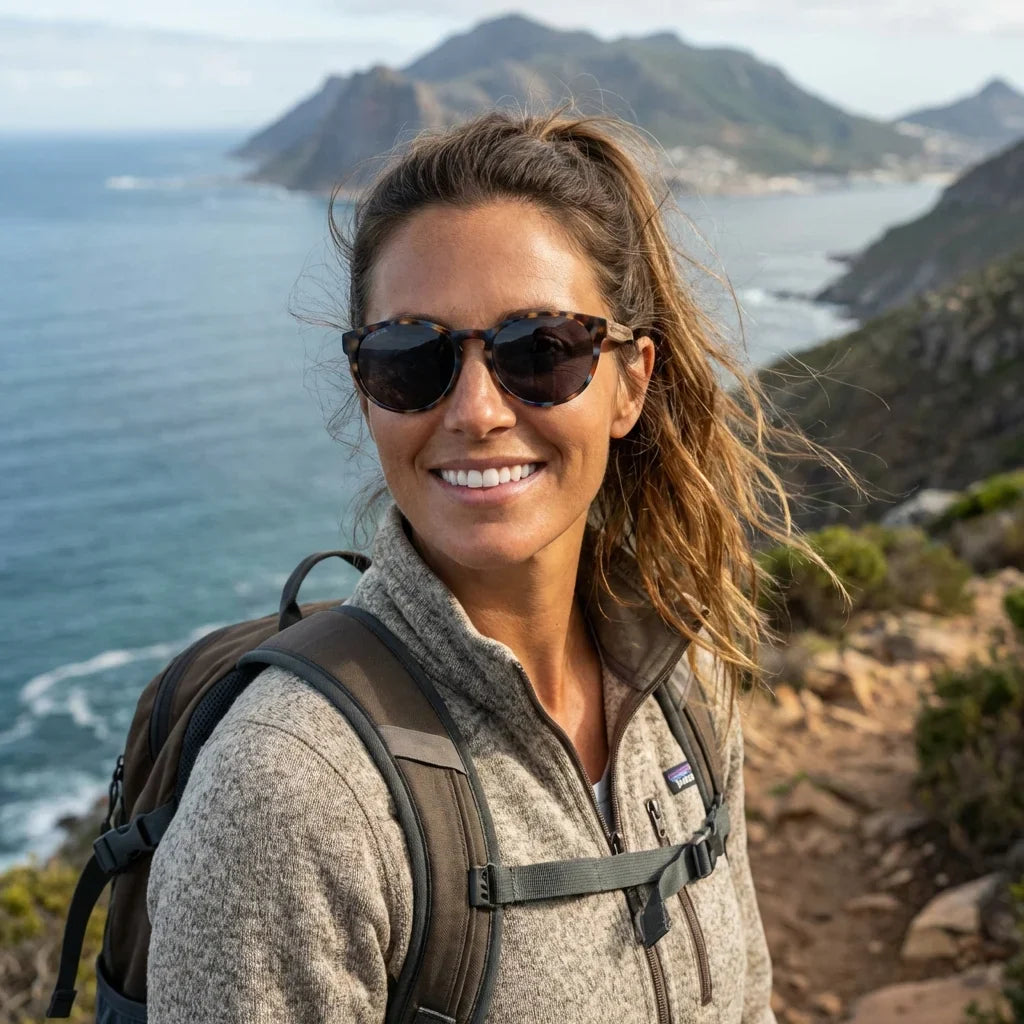 Mujer usando lentes sol Chiloe 110 Carey Zebrano polarizados carey aventura outdoor sendero naturaleza Bonoboss #editorial_sustentabilidad #color_carey