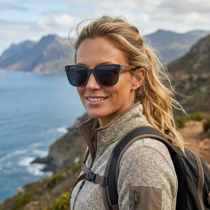 Mujer usando lentes sol Selkie polarizados UV400 mujer aventura outdoor naturaleza proteccion UV Bonoboss #editorial_sustentabilidad #color_zebrano