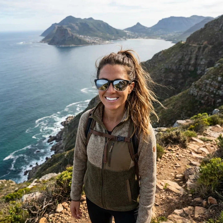 Mujer usando lentes sol Waimea polarizados UV400 mujer aventura outdoor naturaleza proteccion UV Bonoboss #color_espejado-gris