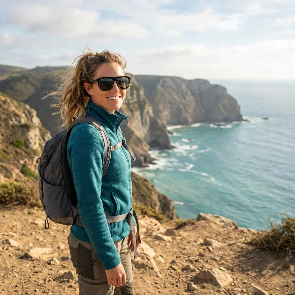 Mujer usando lentes sol GirlFriend Reverse bio-acetato polarizados g15 aventura outdoor sendero naturaleza sustentable Bonoboss #editorial_sustentabilidad #color_g15