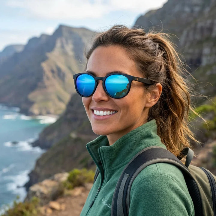 Mujer usando lentes sol Meli Dark bio-acetato polarizados Espejado Azul mujer aventura outdoor naturaleza sendero Bonoboss #editorial_sustentabilidad #color_espejado-azul