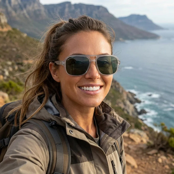 Mujer usando lentes sol Orson RPET reciclado polarizados transparente aventura outdoor naturaleza eco-consciente Bonoboss #editorial_sustentabilidad #color_transparente