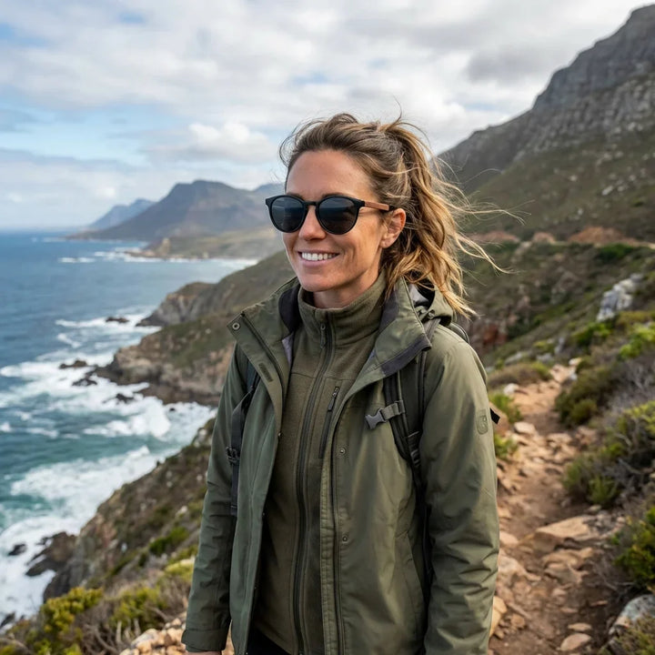 Mujer usando lentes sol Chiloe 220 Black polarizados black aventura outdoor sendero naturaleza Bonoboss #editorial_sustentabilidad #color_black