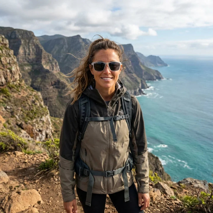Mujer usando lentes sol Lautaro RPET RPET reciclado polarizados transparente aventura outdoor sendero naturaleza Bonoboss #editorial_sustentabilidad #color_transparente