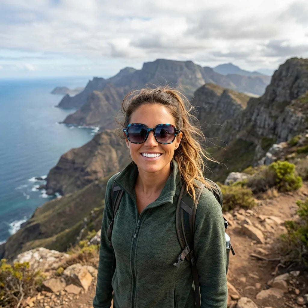 Mujer usando lentes sol Canarias bio-acetato polarizados Azul mujer aventura outdoor naturaleza proteccion UV Bonoboss #editorial_sustentabilidad #color_azul