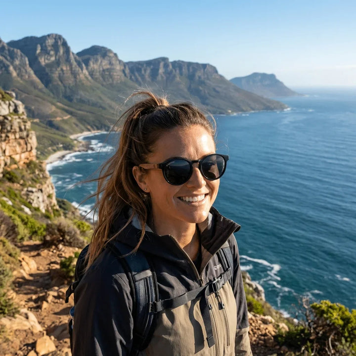 Mujer usando lentes sol Paine bio-acetato polarizados negro aventura outdoor sendero naturaleza sustentable Bonoboss #editorial_sustentabilidad #color_negro