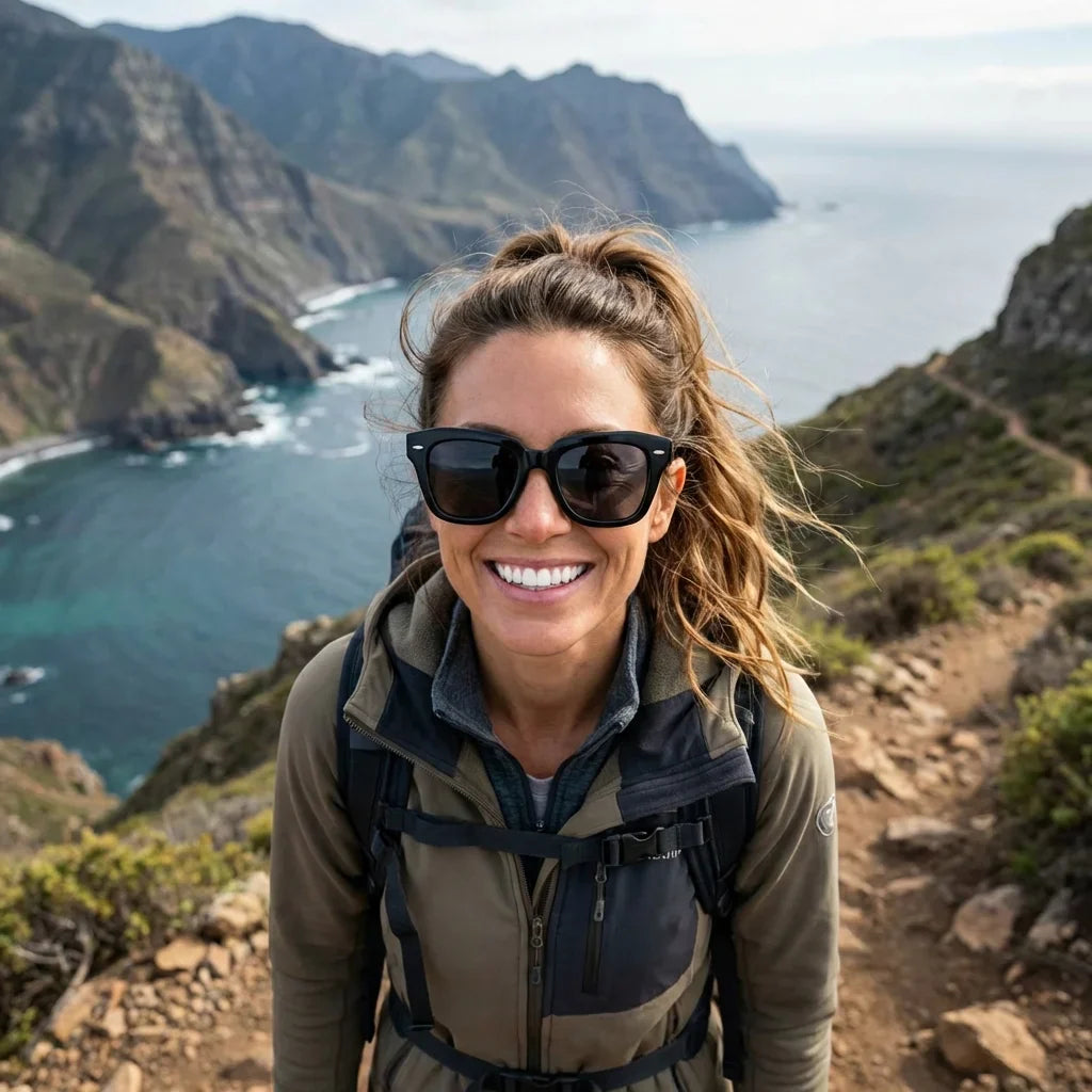 Mujer usando lentes sol Selkie Vintage polarizados UV400 mujer aventura outdoor naturaleza proteccion UV Bonoboss #color_negro