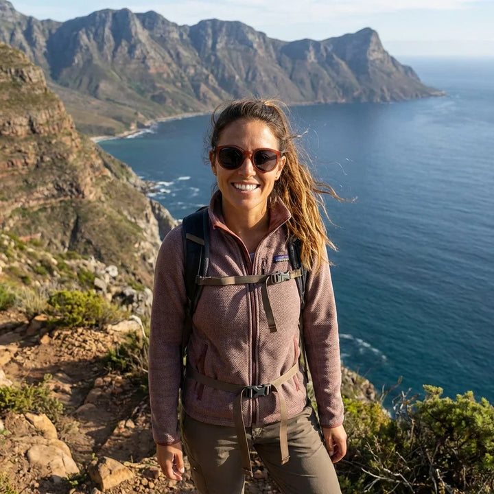 Mujer usando lentes sol Meli Wine madera wine polarizado polarizados Negro mujer aventura outdoor sendero naturaleza activa Bonoboss #editorial_sustentabilidad #color_negro