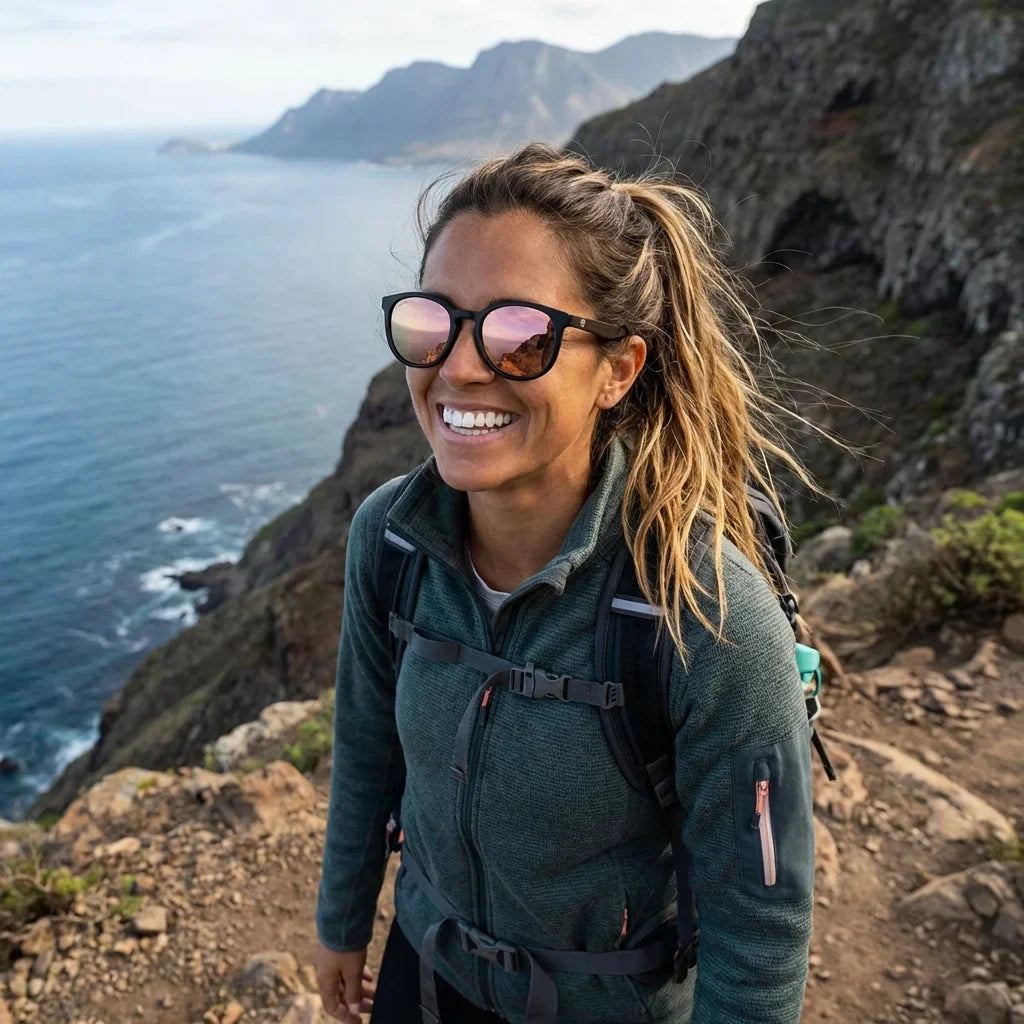 Mujer usando lentes sol Meli Dark bio-acetato polarizados Espejado Rosado mujer aventura outdoor sendero naturaleza activa Bonoboss #editorial_sustentabilidad #color_espejado-rosado