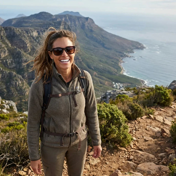 Mujer usando lentes sol Acacia Reverse madera zebrano polarizados Brown mujer aventura outdoor naturaleza proteccion UV Bonoboss #editorial_sustentabilidad #color_brown