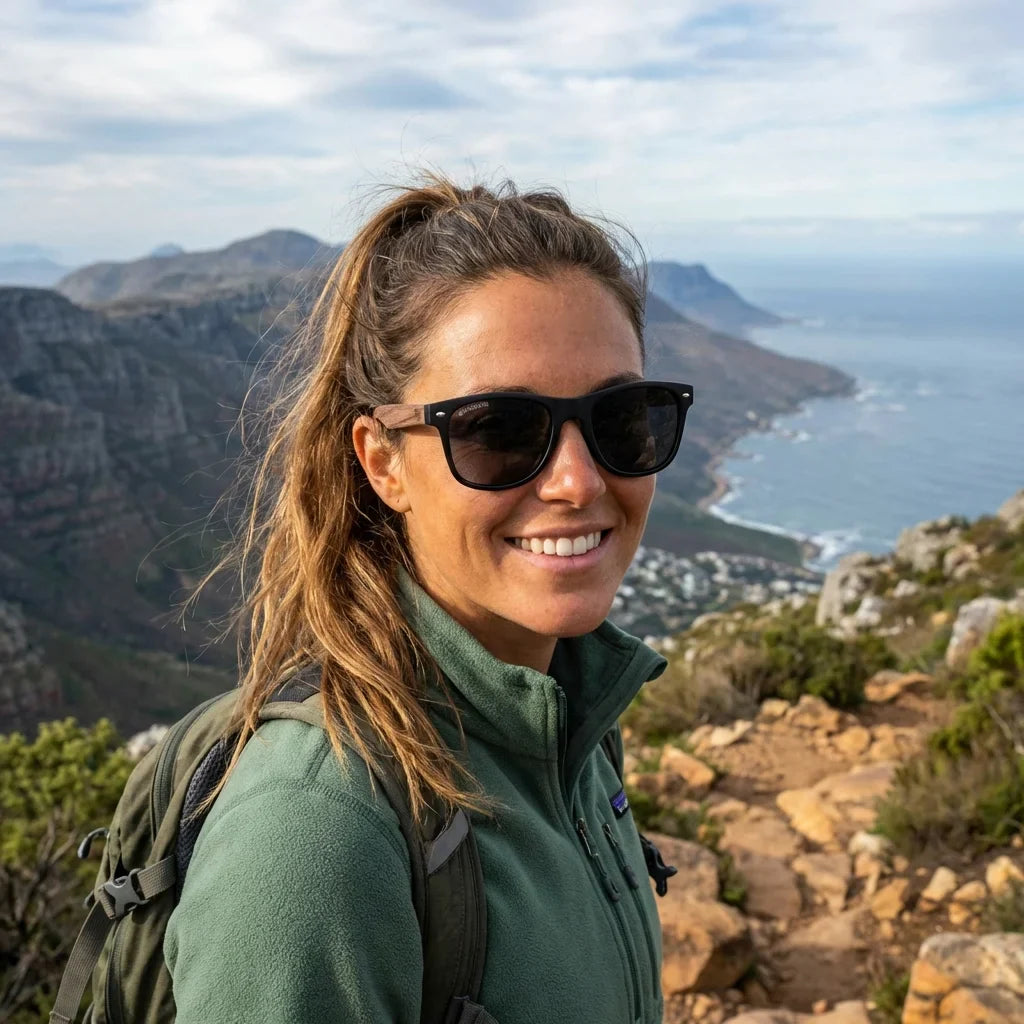 Mujer usando lentes sol Acacia Nogal polarizados smoke aventura outdoor sendero naturaleza Bonoboss #editorial_sustentabilidad #color_smoke