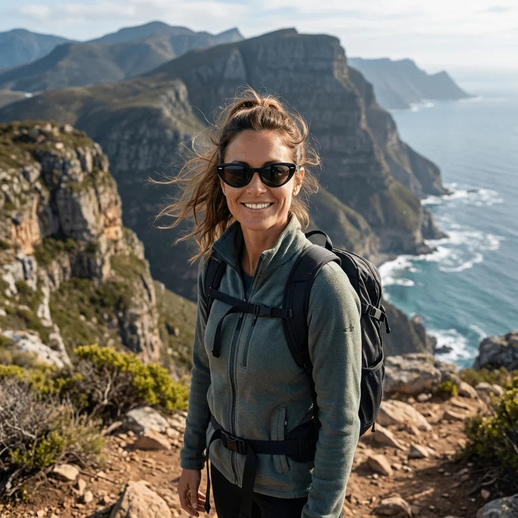 Mujer usando lentes sol Havana bio-acetato polarizados negro aventura outdoor naturaleza sendero proteccion UV Bonoboss #editorial_sustentabilidad #color_negro
