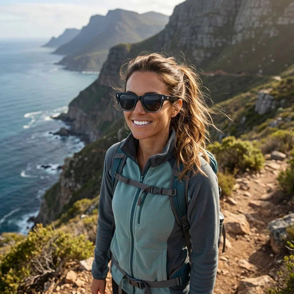 Mujer usando lentes sol Osorno rPET rPET reciclado polarizados Dark mujer aventura outdoor naturaleza proteccion UV Bonoboss #editorial_sustentabilidad #color_dark