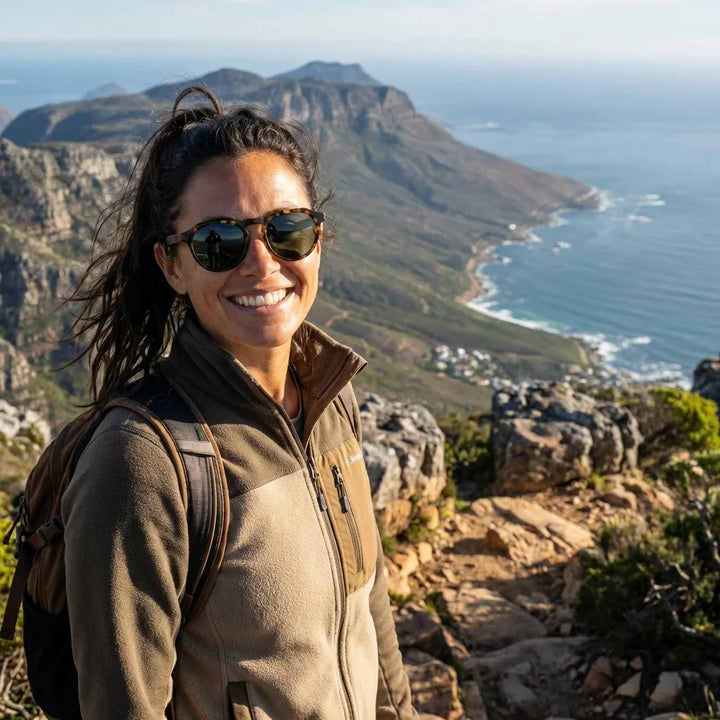 Mujer usando lentes sol Galapagos acetato madera polarizados carey aventura outdoor sendero naturaleza Bonoboss #editorial_sustentabilidad #color_carey