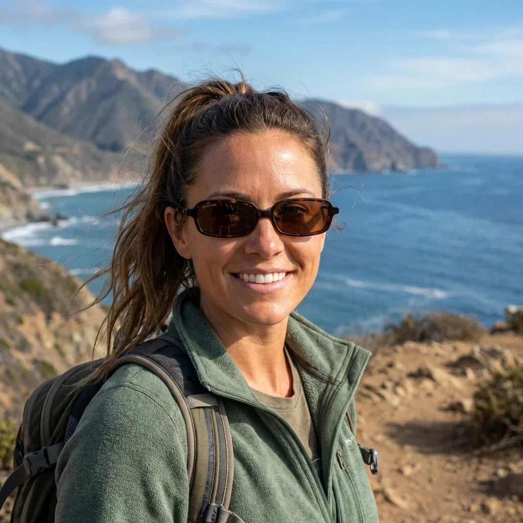 Mujer usando lentes sol Navarino polarizados UV400 mujer aventura outdoor naturaleza proteccion UV Bonoboss #color_carey