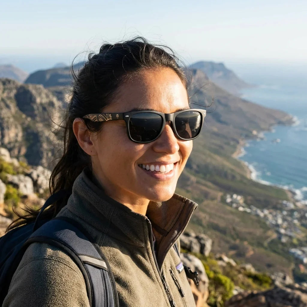 Mujer usando lentes sol Acacia Dark Designers polarizados smoke aventura outdoor sendero naturaleza Bonoboss #editorial_sustentabilidad #color_smoke
