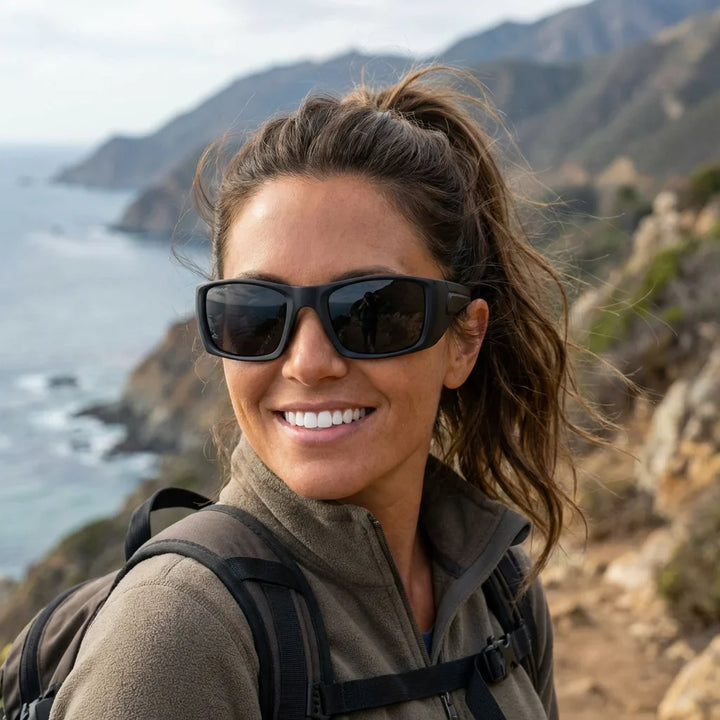 Mujer usando lentes sol Salmon Seeker bio-acetato polarizados dark outdoor aventura sendero trekking proteccion UV Bonoboss #editorial_banner #color_dark