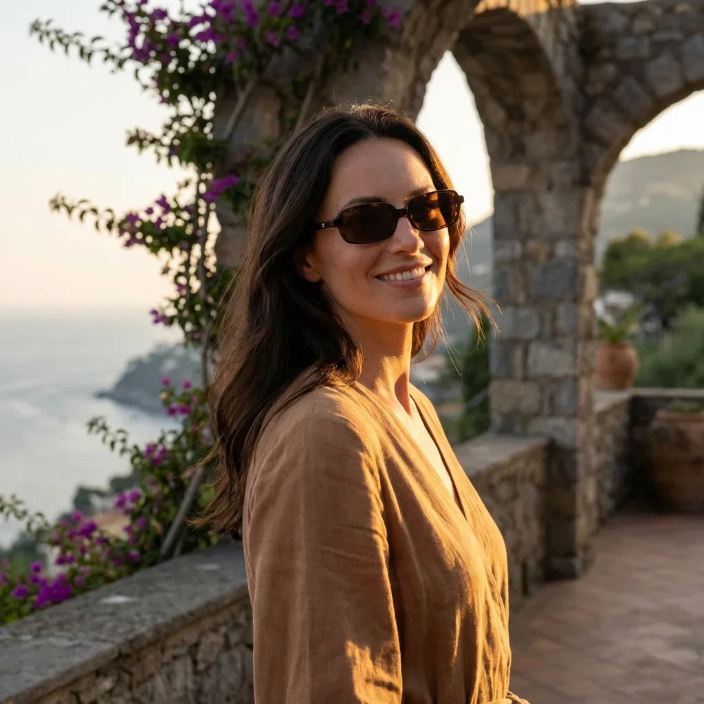 Mujer usando lentes sol Navarino bio-acetato polarizados carey golden hour atardecer costero elegancia UV proteccion Bonoboss #editorial_banner #color_carey