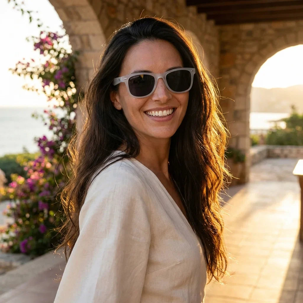 Mujer usando lentes sol Acacio RPET polarizados UV400 mujer atardecer golden hour luz calida Bonoboss #color_transparente