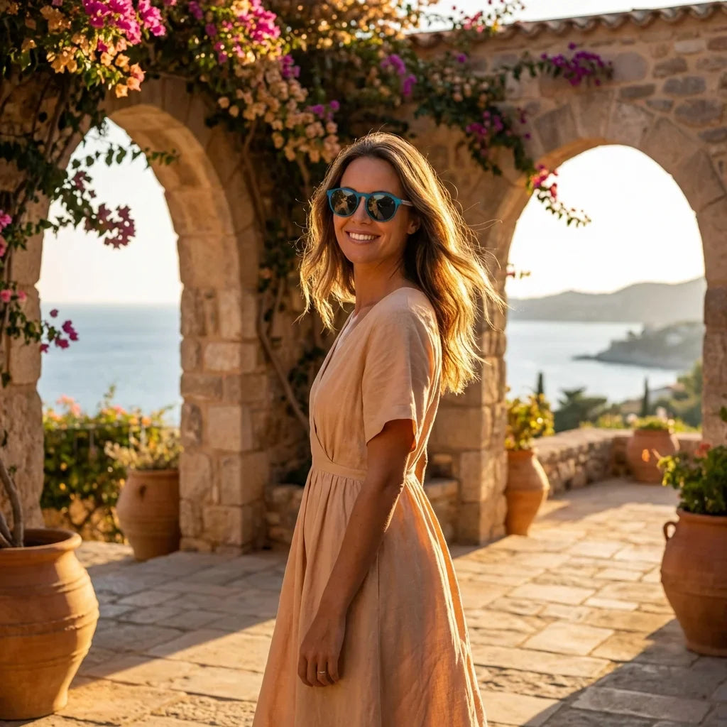Mujer usando lentes sol Galapagos acetato madera polarizados ocean golden hour atardecer costero Bonoboss #editorial_banner #color_ocean