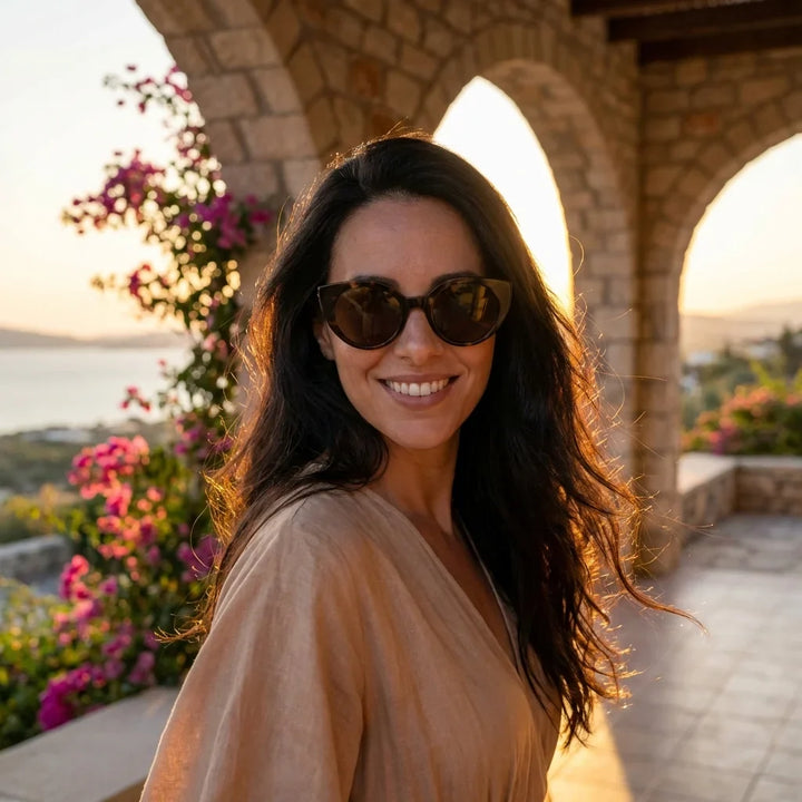 Mujer usando lentes sol Hannover bio-acetato polarizados carey golden hour atardecer costero elegancia UV Bonoboss #editorial_banner #color_carey