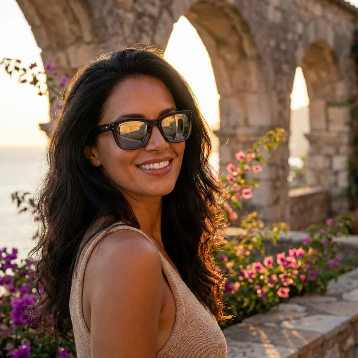 Mujer usando lentes sol Acacia Reverse madera zebrano polarizados Espejado Gris mujer golden hour atardecer costero elegante Bonoboss #editorial_banner #color_espejado-gris