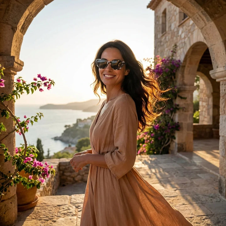 Mujer usando lentes sol Havana bio-acetato polarizados marble golden hour atardecer costero elegancia UV proteccion Bonoboss #editorial_banner #color_marble