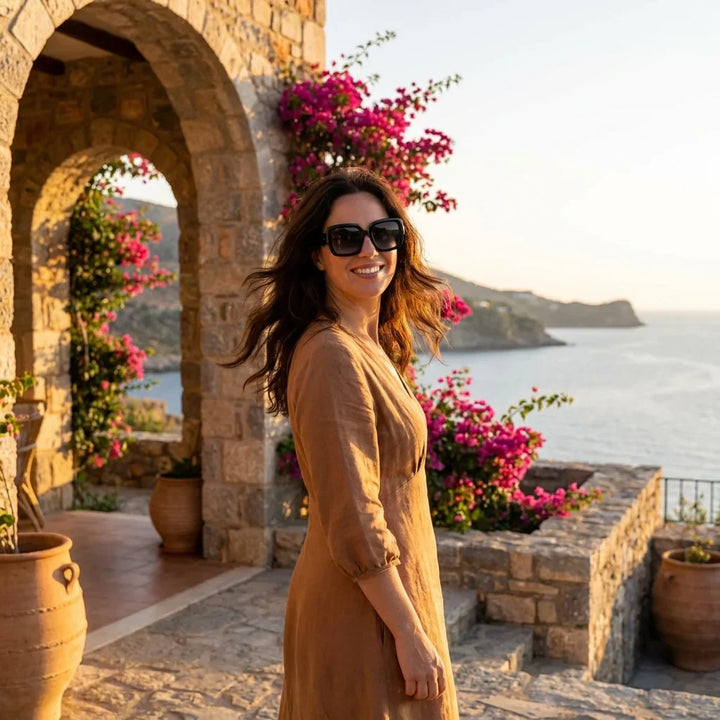 Mujer usando lentes sol Alaska polarizados negro golden hour atardecer dorado elegante Bonoboss #editorial_sustentabilidad #color_negro