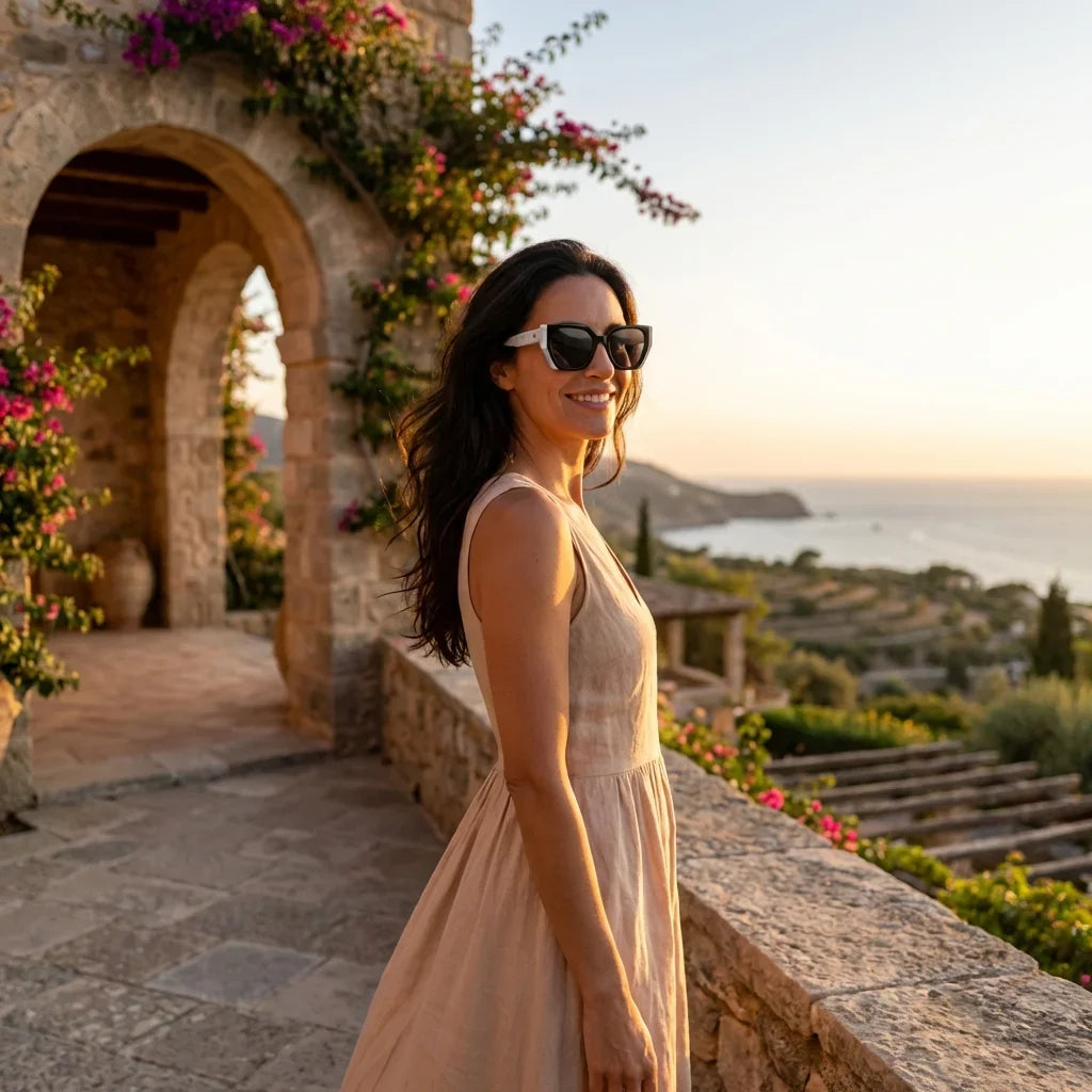Mujer usando lentes sol Di Trevi bio-acetato polarizados black golden hour atardecer costero elegancia UV proteccion Bonoboss #editorial_banner #color_black
