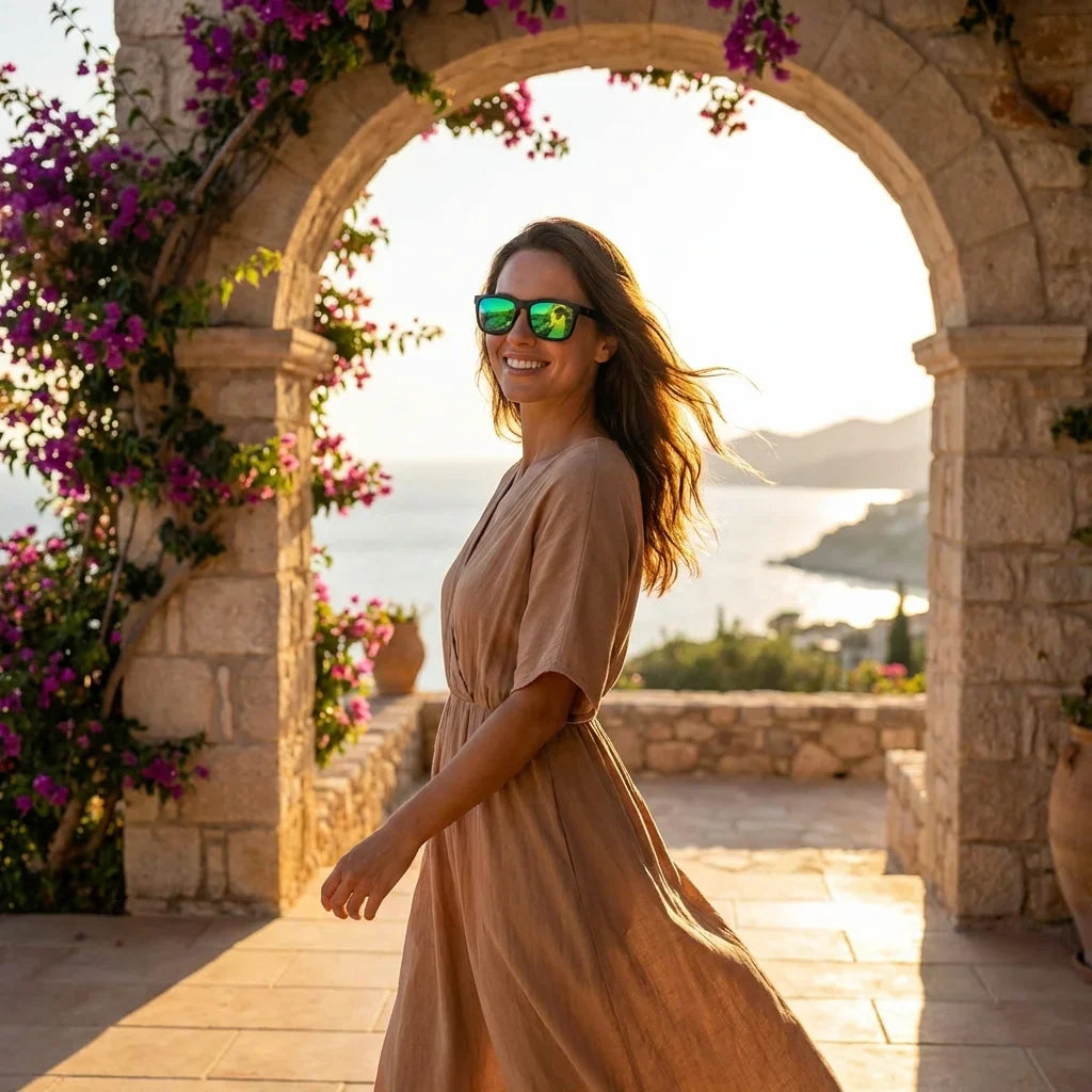 Mujer usando lentes sol Lautaro Dark acetato polarizados espejado verde golden hour atardecer dorado Bonoboss #editorial_banner #color_espejado-verde
