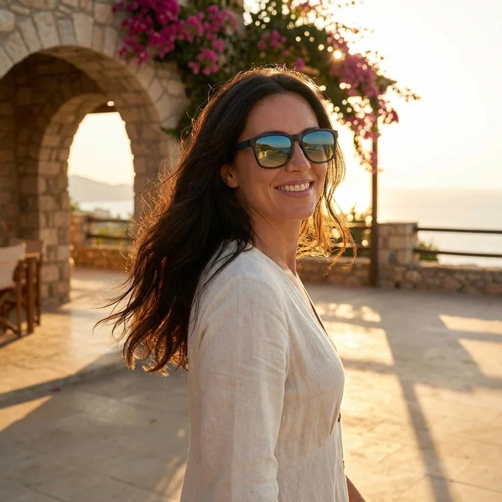 Mujer usando lentes sol Waimea polarizados UV400 mujer atardecer golden hour luz calida Bonoboss #color_degrade-azul