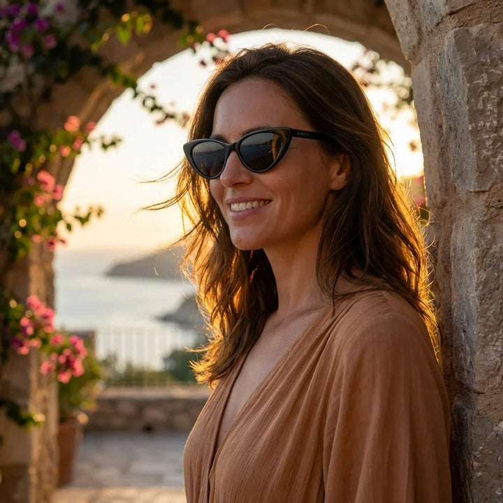Mujer usando lentes sol Audrey Red polarizados negro golden hour atardecer dorado elegante Bonoboss #editorial_sustentabilidad #color_negro