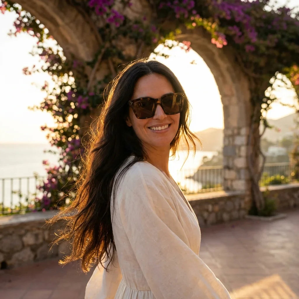 Mujer usando lentes sol Bruna Retro Polarizado polarizados carey golden hour atardecer dorado elegante Bonoboss #editorial_sustentabilidad #color_carey