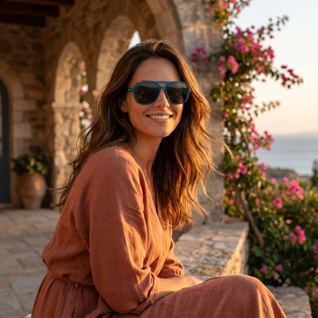 Mujer usando lentes sol Orson RPET reciclado polarizados ocean golden hour luz dorada costa estilo fresco Bonoboss #editorial_banner #color_ocean