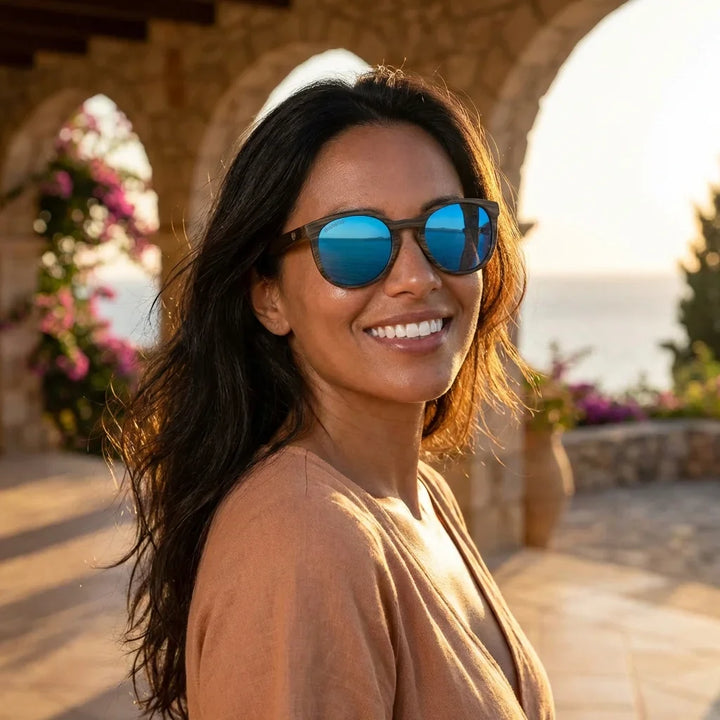 Mujer usando lentes sol Meli Ebony madera ebony polarizado polarizados Espejado Azul mujer golden hour atardecer costero Bonoboss Chile #editorial_banner #color_espejado-azul