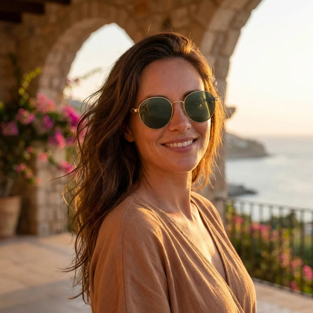 Mujer usando lentes sol Harry Gold metal polarizados g15 golden hour atardecer costero proteccion UV Bonoboss #editorial_banner #color_g15