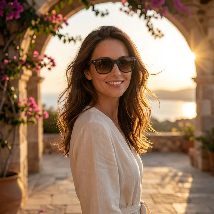 Mujer usando lentes sol Acacia Nogal polarizados UV400 mujer atardecer golden hour luz calida Bonoboss #color_gradiente-cafe