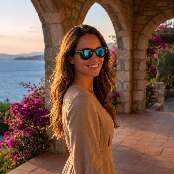 Mujer usando lentes sol Acacio RPET polarizados UV400 mujer atardecer golden hour luz calida Bonoboss #color_sky