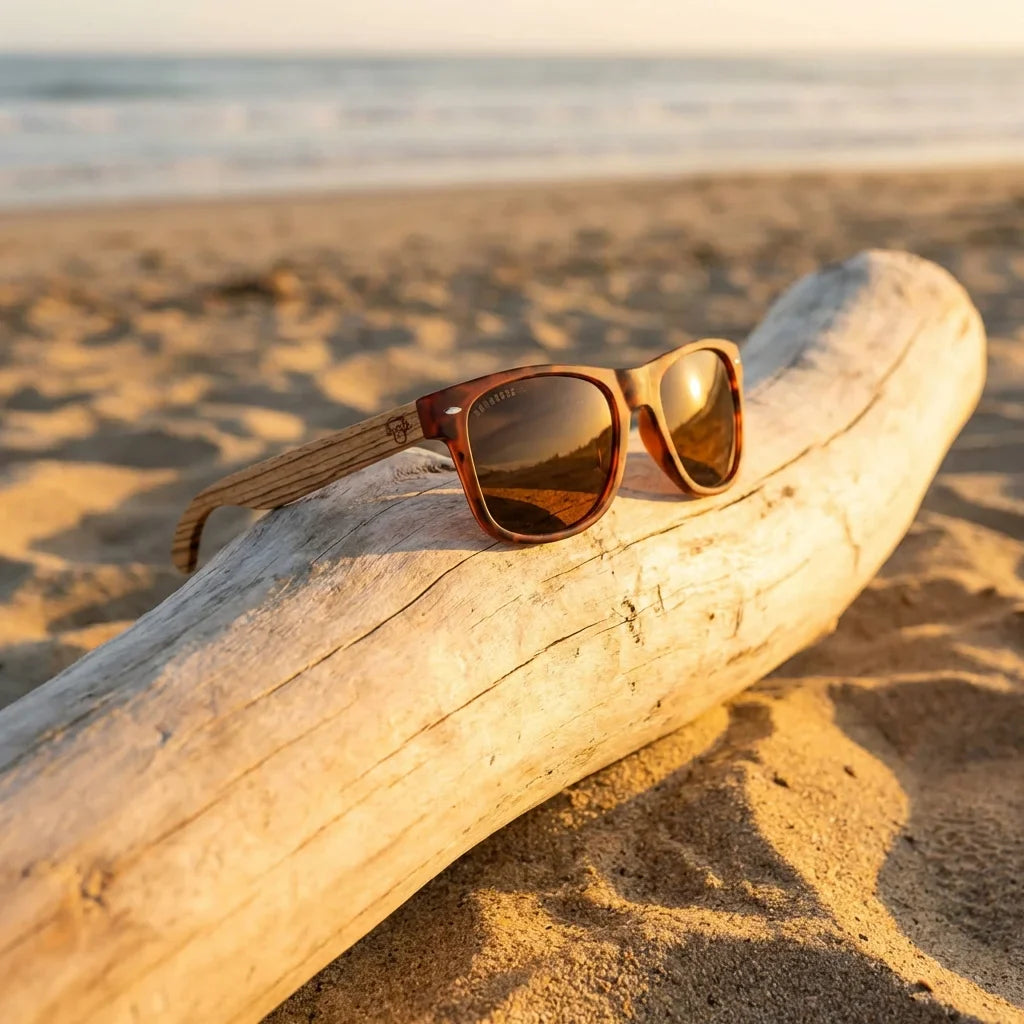Lentes sol Acacia polarizados UV400 madera zebrano Carey Brown sobre driftwood dorado reflejo lente costero Bonoboss #editorial_banner #color_carey-brown