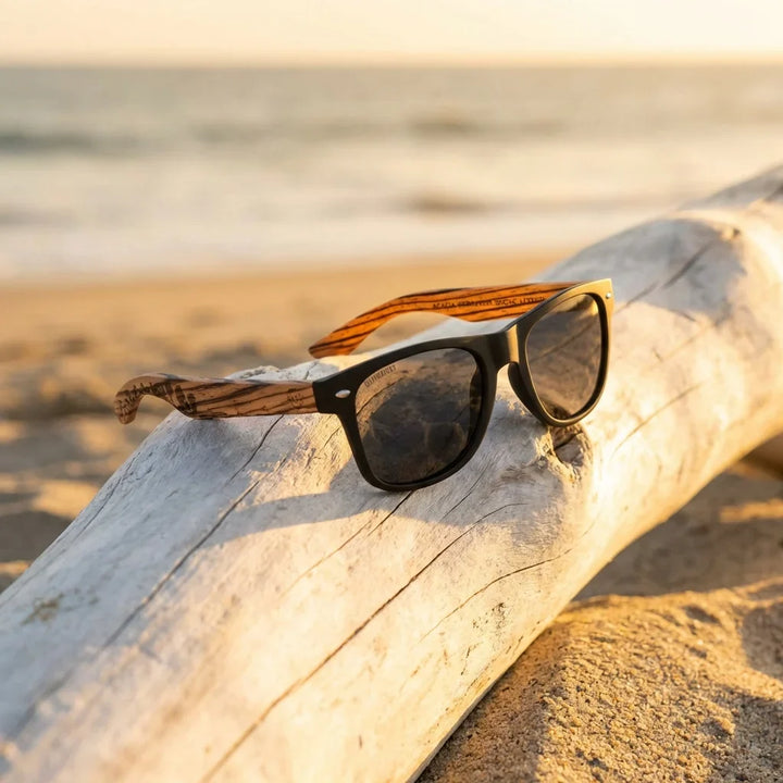 Lentes sol Acacia Designer's polarizados UV400 sobre madera driftwood luz dorada Bonoboss #color_fisherman