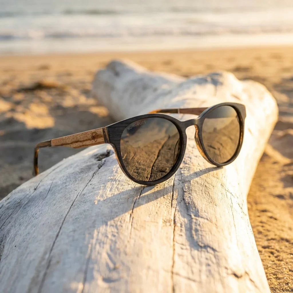 Lentes sol Chiloé 110 Wood polarizados UV400 sobre madera driftwood luz dorada Bonoboss #color_gris