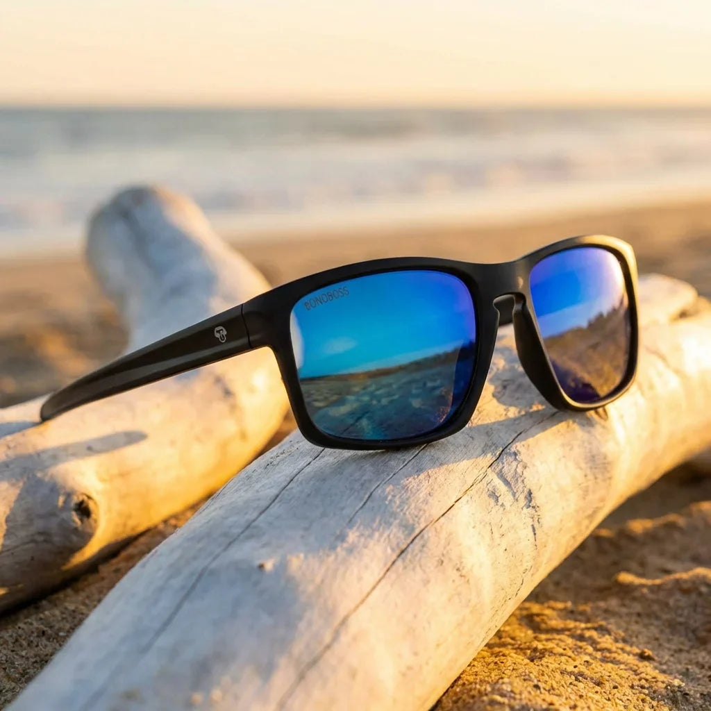 Lentes sol Lautaro RPET polarizados UV400 RPET reciclado azul sobre driftwood dorado reflejo lente costero Bonoboss #editorial_banner #color_azul