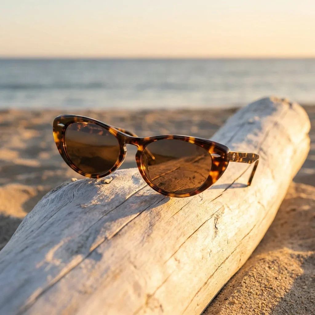 Lentes sol Havana polarizados UV400 bio-acetato carey sobre madera driftwood golden luz dorada natural Bonoboss #editorial_polarizado #color_carey