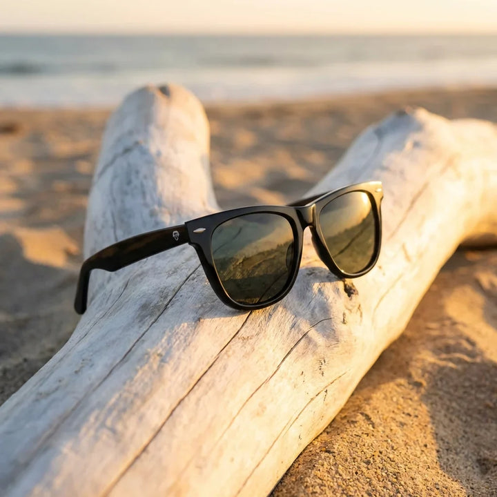 Lentes sol Valencia polarizados UV400 sobre madera driftwood luz dorada Bonoboss #color_negro