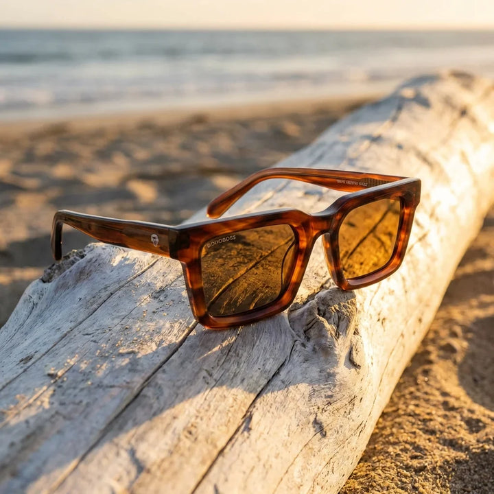 Lentes sol Tokyo polarizados UV400 sobre madera driftwood luz dorada Bonoboss #color_brown